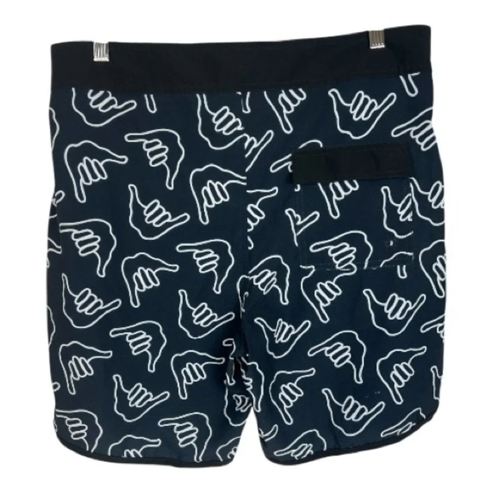 Of One Sea Sz 34 Boardshorts Retro Shaka Black Stretch NWT